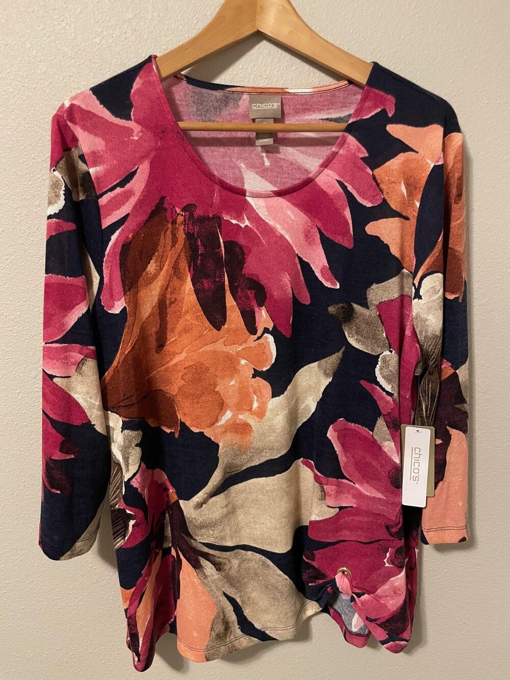 Chicos CoziSoft Fall Garden Scoop Top Womens Size 3 US XL Multicolor Floral NEW